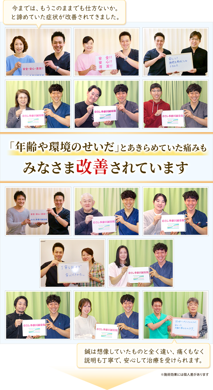 「年齢や環境のせいだ」とあきらめていた痛みも狛江市の当鍼灸院の施術で改善されています